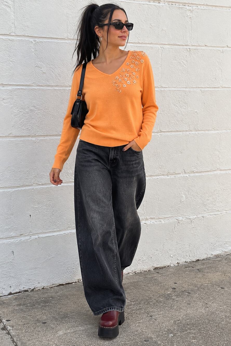 Carolyn Taylor Orange Floral Embellished V-Neck Sweater Size M